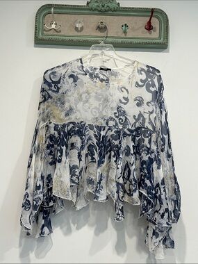 NT by Amari Sheer Tiered ruffle Blouse in Navy, White & Cream Women one size